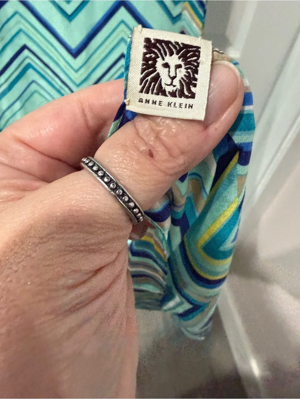 Vintage Anne Klein 100% Silk chevron print scarf, aqua teal.